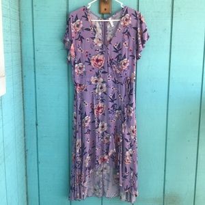 Purple Floral Midi Faux Wrap Dress